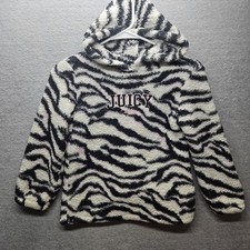 Juicy Couture Girl Sz 6 Sherpa Hoodie Zebra Print Logo Embroid Back  White