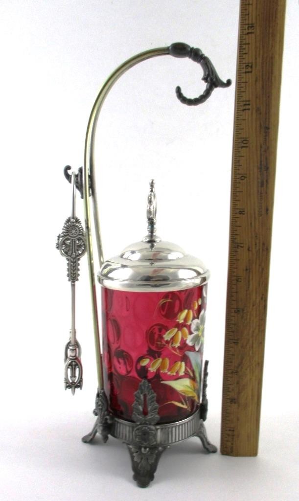 James W. TUFTS #3614 - Antique PICKLE CASTOR w/HOOK - hp CRANBERRY Enamel JAR