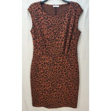 Nine West Dress Med Cap Sleeve Ponte Sheath Animal Print Brown Jewel Neck 445