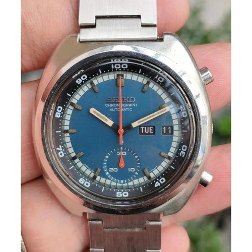 Rare Seiko Chronograph Blue Dial Automatic 6139-7002 Day Date Vintage Watch Men