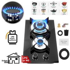 Gas Hob 2 Burners 30cm Tempered Glass Kitchen Built in Gas Cooktop NG/LPG Black