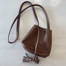 SHAFFER Greta brown leather tassel drawstring mini bucket crossbody bag USA made