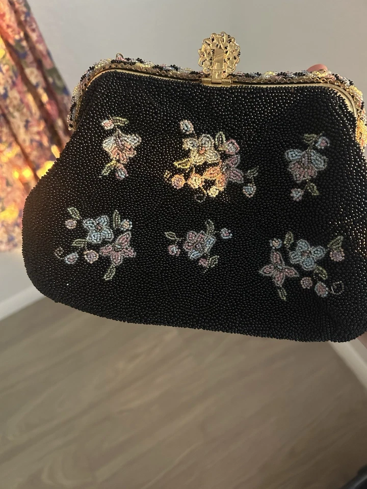 Bolso sin asas floral con cuentas negras hecho en Francia glamour noche formal delicado Foto 4 de 4