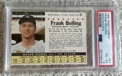 1961 post cereal baseball Frank Bolling, PSA 4