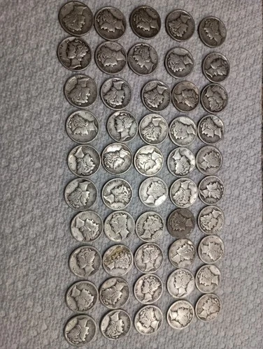 Mercury Silver Dimes Lot of 50 Circulated Mixed Years US 10C Coins 0.9 Fineness
