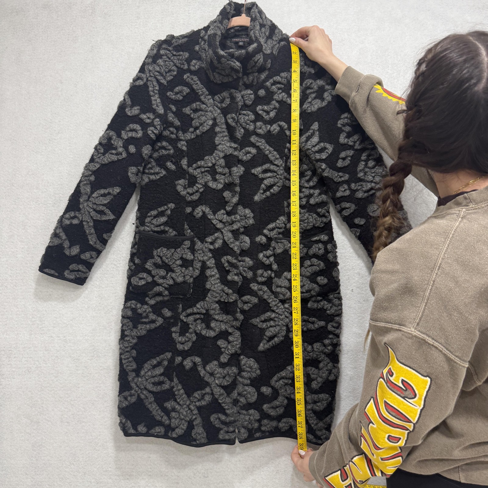 Robert Kitchen Coat Womens Medium Black Wool Flor… - image 4