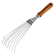 Japanese Hand Rake Garden Tool, Japanese Steel with Wood Handle, Brown Rake