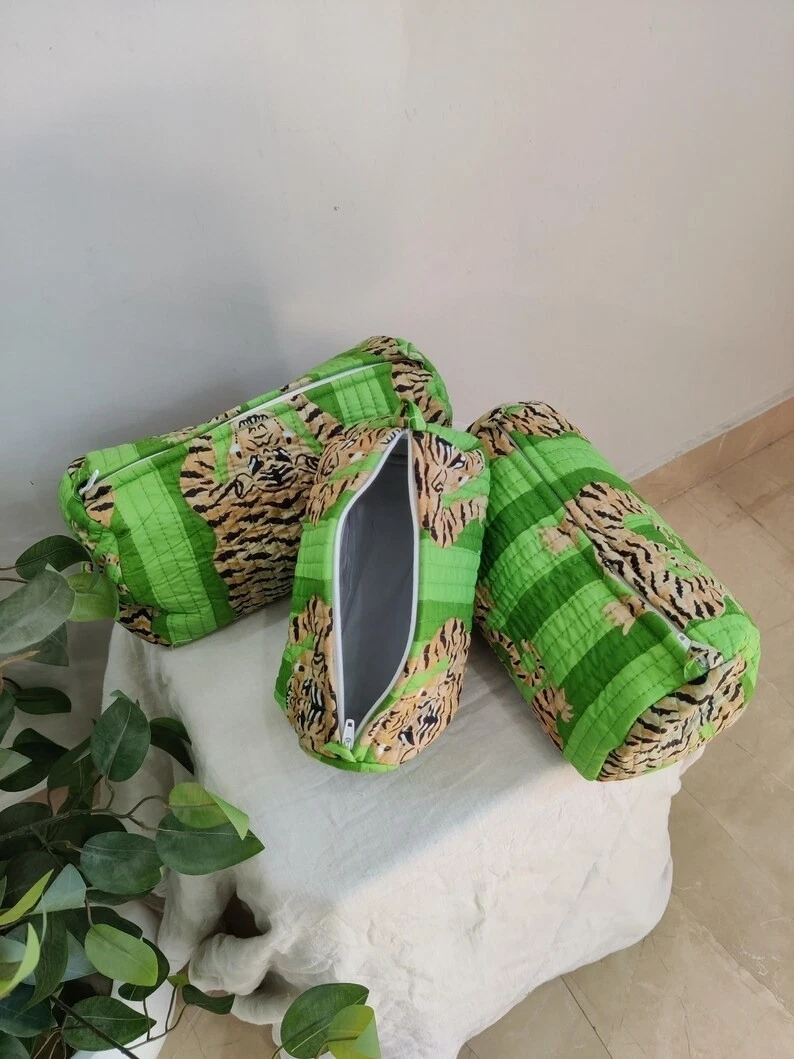 Indian Tiger Printed Cotton Quilted Toiletry Purse Cosmetic Storage Bag Of 3 Pc