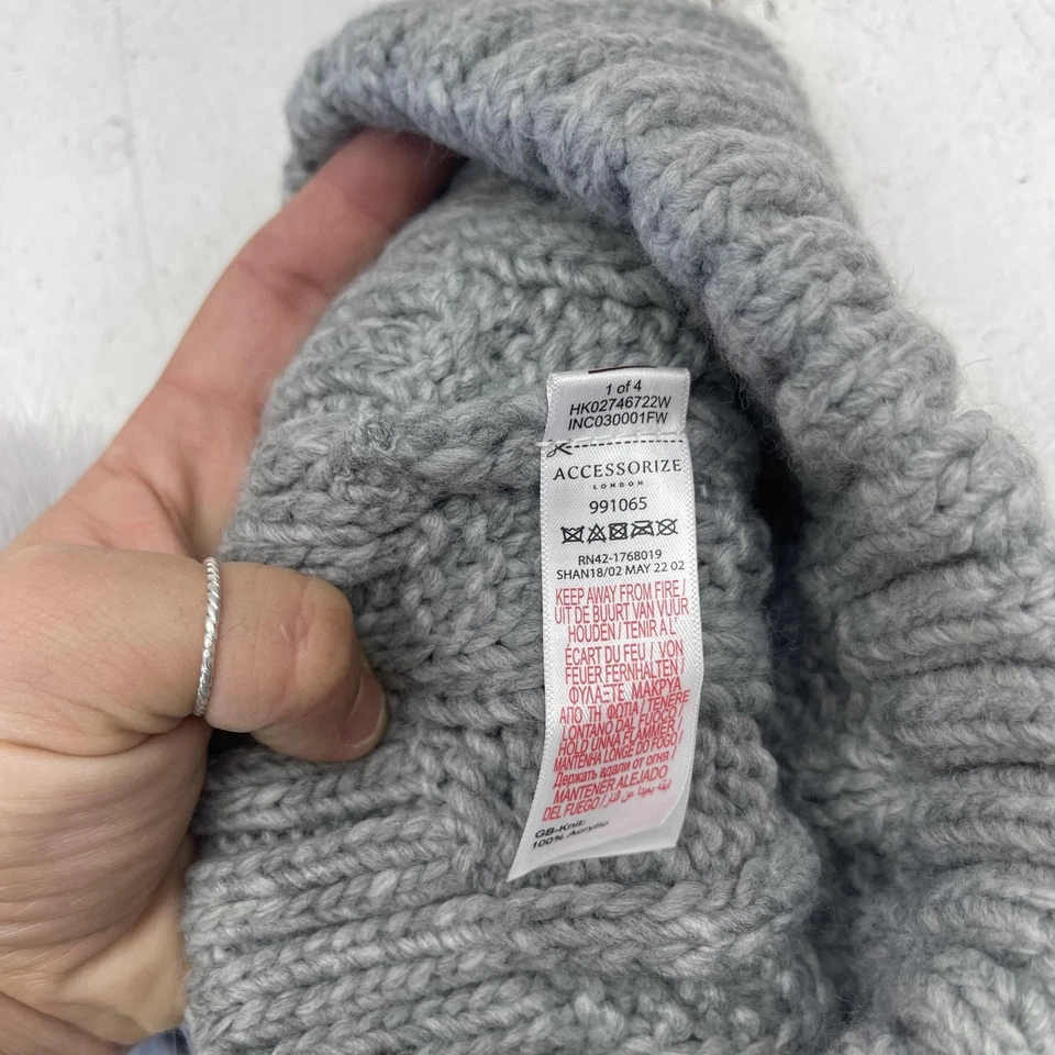 Accesorio Sombrero Gorro Mujer Gris Tejido con Cable Puños Pom Pom Invierno Cálido Suave Foto 3 de 4