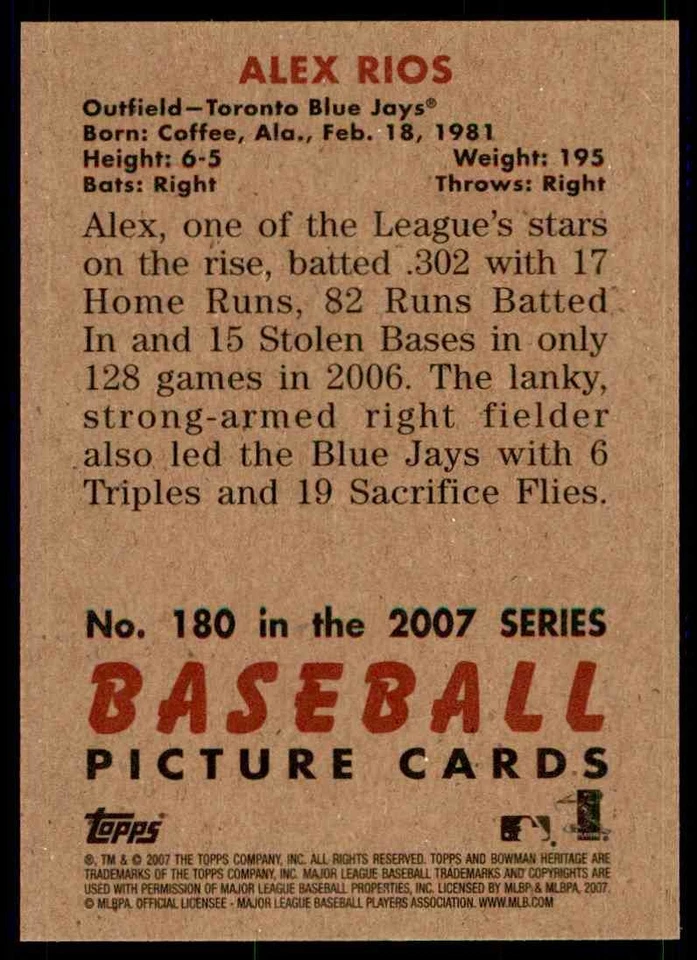 2007 Bowman Heritage Alex Rios Toronto Blue Jays #180 - Image 2 of 2
