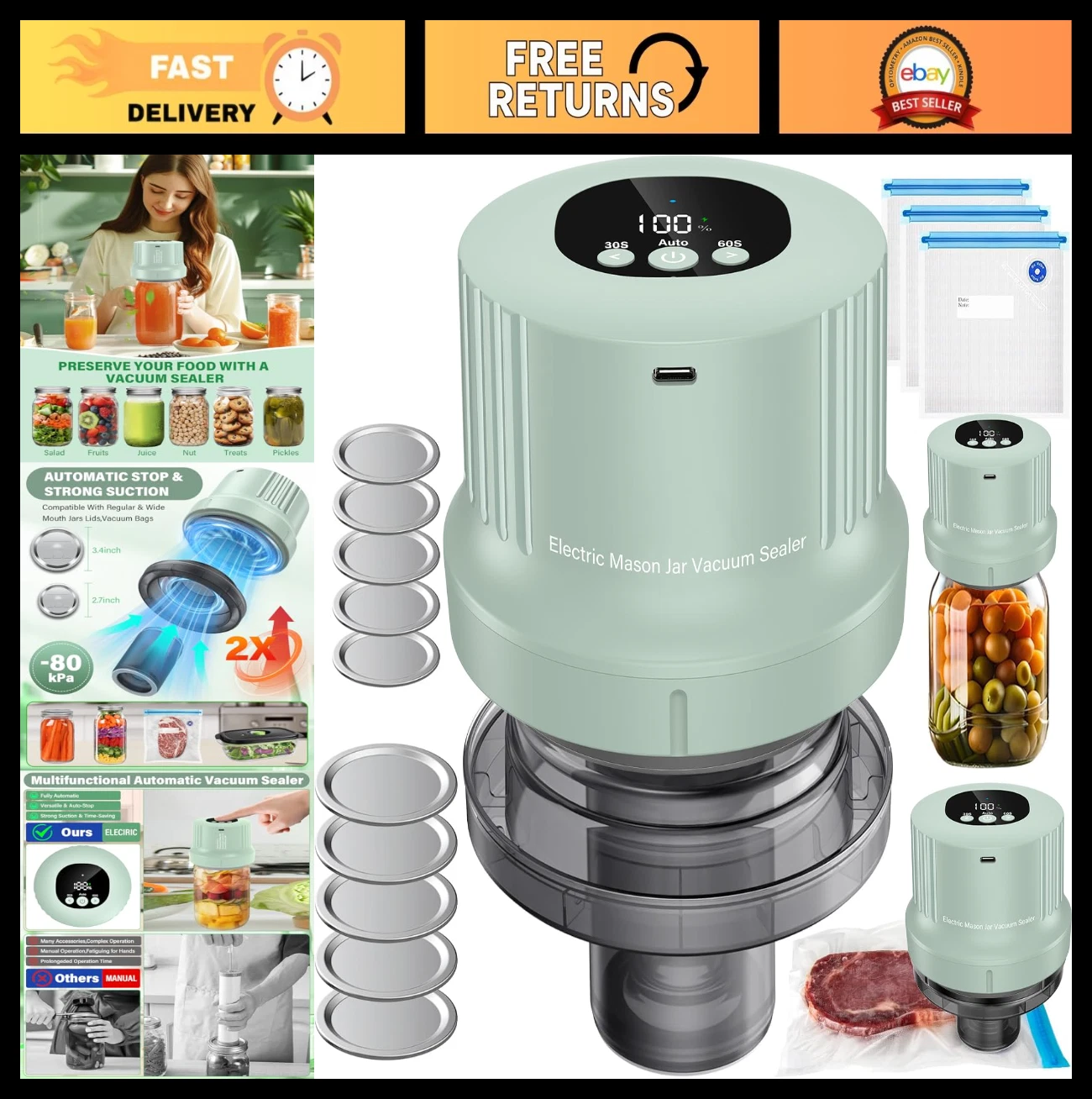 3-in-1 Cordless Vacuum Sealer Kit for Mason Jars - Automatic Jar Sealing, Lids &