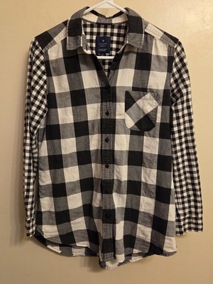 AE Mixed Plaid Flannel Shirt S Black White Goth Grunge Alt Checked Button Down