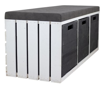 Graue, gepolsterte Vintage Sitzbank mit 3 praktischen Kallax Holzkisten