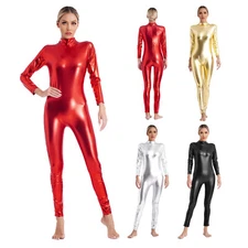 Women Jumpsuit Club Bodysuit Metallic Catsuit Patent Leather Dancewear Zipper