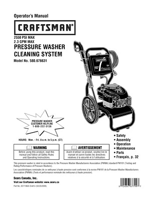 #ad Owners Manual amp; Parts List Craftsman 2550 PSI Pressure Washer Model 580.676631 $19.95