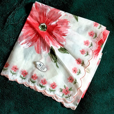 Pair of 2 Vtg Cotton Handkerchiefs Flowers Floral Pink  Green Ladies Hankie 60s