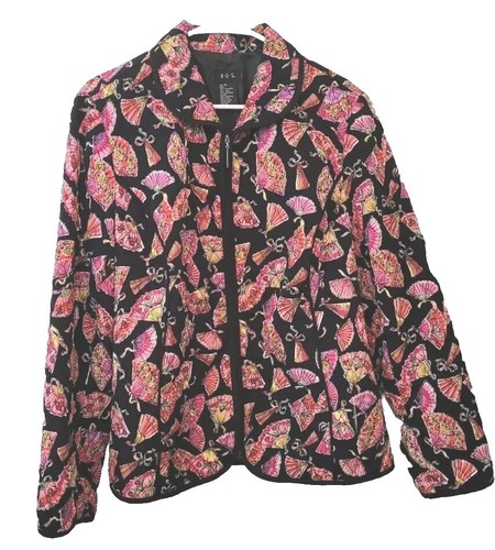 RQT Jacket Womens Extra Large Black Multicolored Fans Quilted Zip Up Boho