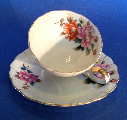 Ucagco Footed Teacup And Saucer - Pink Mums And Gold Accents - Vintage - Japan - Picture 7 of 11