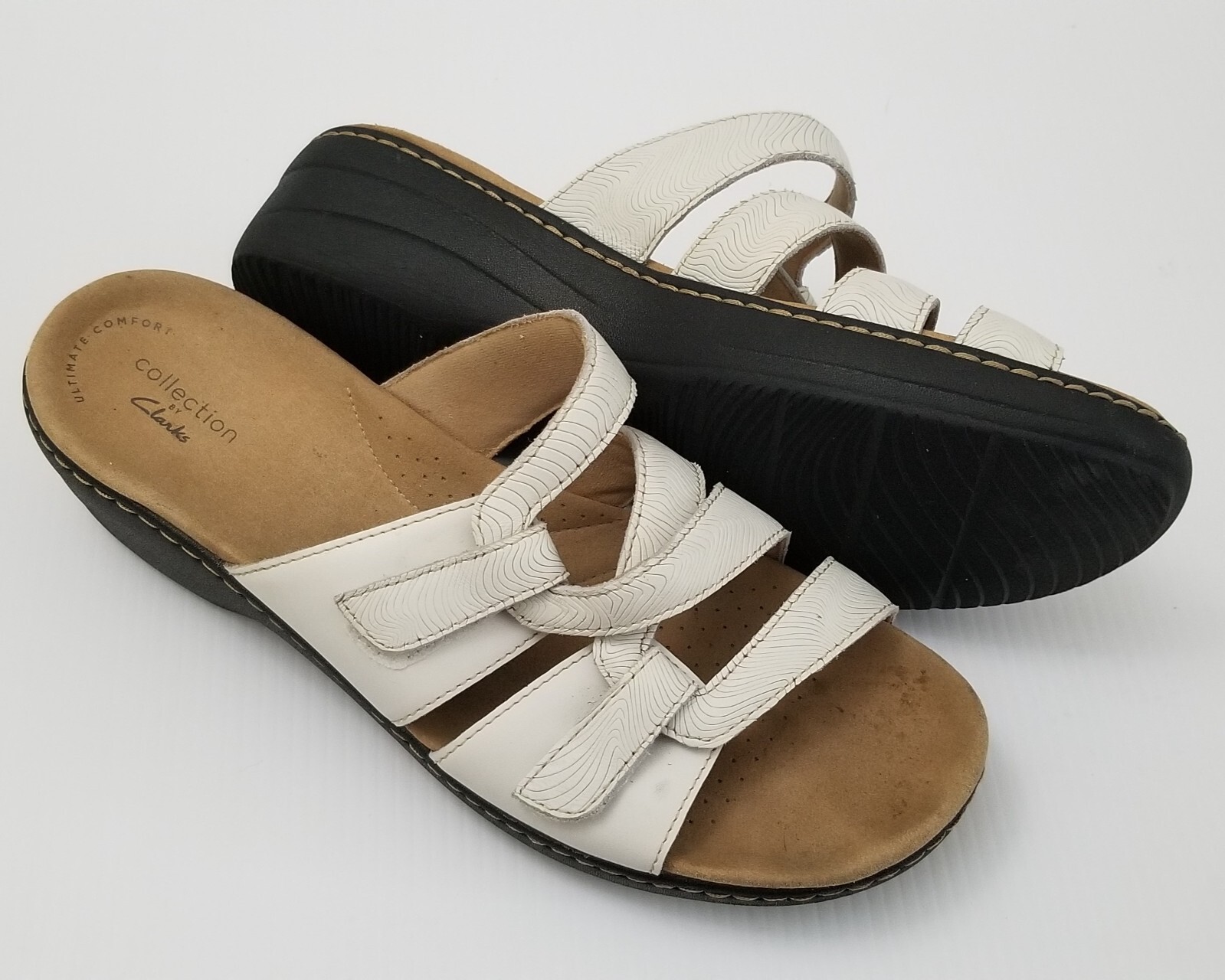Clarks Women's White Leather Merliah Karli Slide Sandals Wedge Heeled