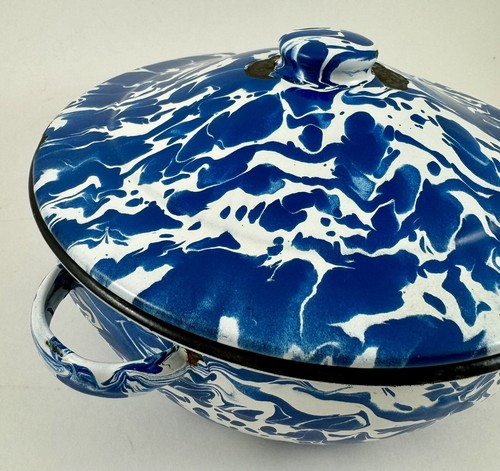 Vintage blau Swirl Emaillegeschirr Granitgeschirr Topf mit Deckel und Griffen - Bild 5 von 10