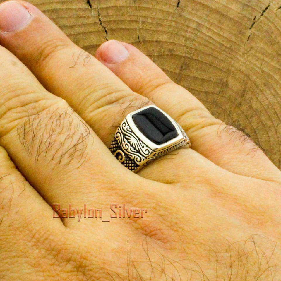 925 Sterling Silver Curved Onyx Stone Turkish Men's Ring – Handmade
