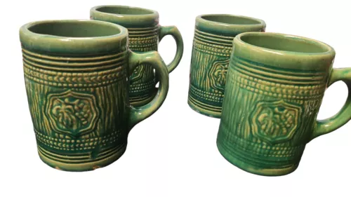 Set of 4 Vintage McCoy Pottery 1920's Green Grape Mug Tankard Stoneware Stein