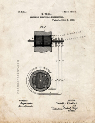 Tesla System Of Electrical Distribution Patent Print Old Look