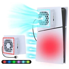 Cooling Fan for PS5 Slim w/ 2 USB Ports & Colorful Light Strip, quiet, 3 levels