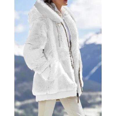 Damen Fleecejacke aus Baumwolle mit Kapuze - lässiger dicker Wintermantel