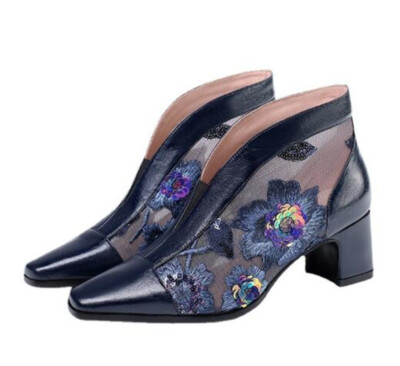 Womens Heels Shoes Mid Block Heels 3D Embroidery New Floral Pointy