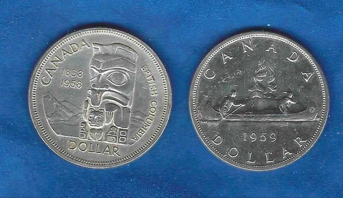 1958 & 1959 CANADIAN $1 DOLLARS CIRCULATED COIN - 80% PURE SILVER