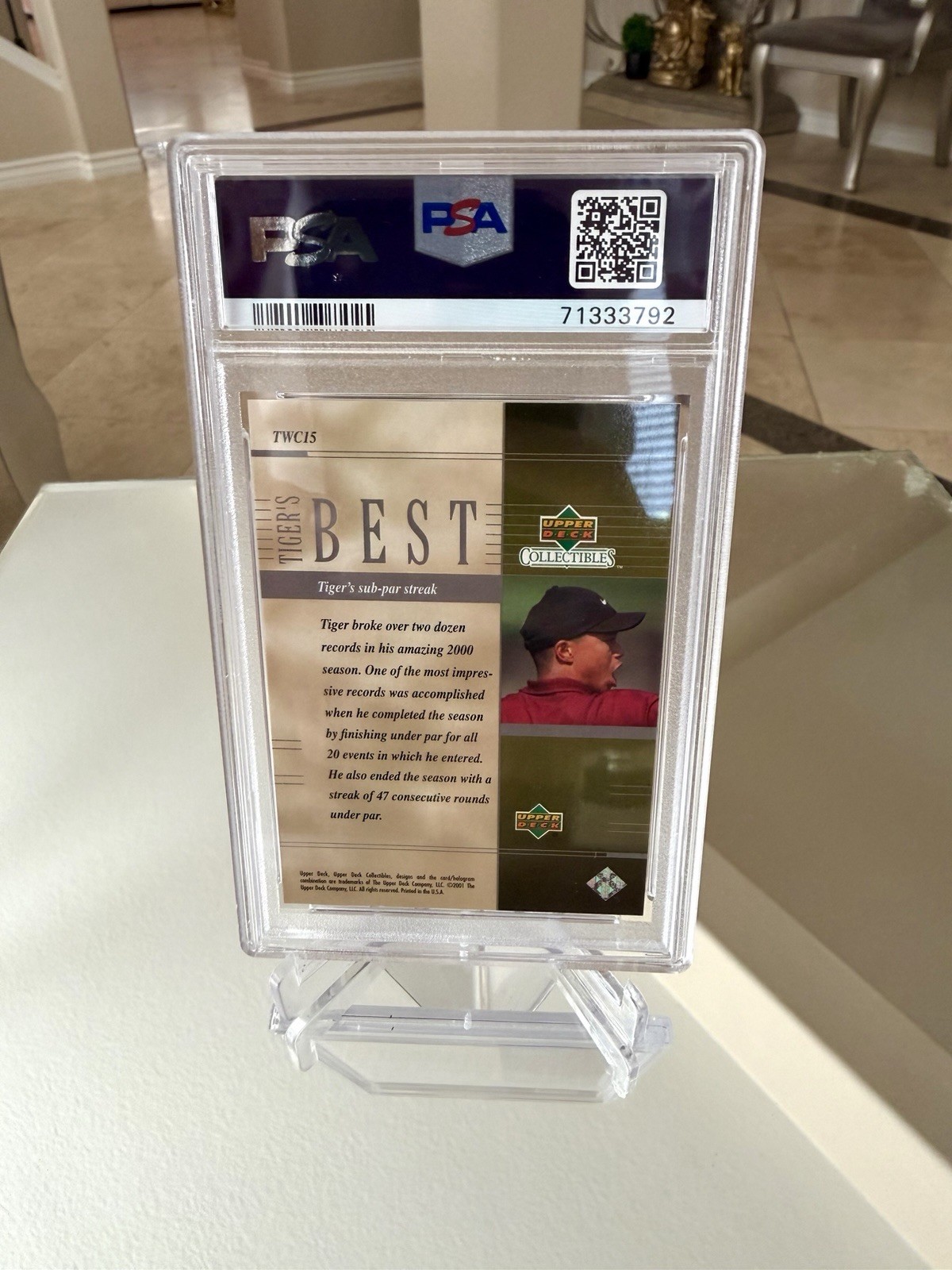 Upper Deck 2001 Golf Tiger Woods Collection BEST Tiger Woods #TWC15 PSA 10 RC view 2