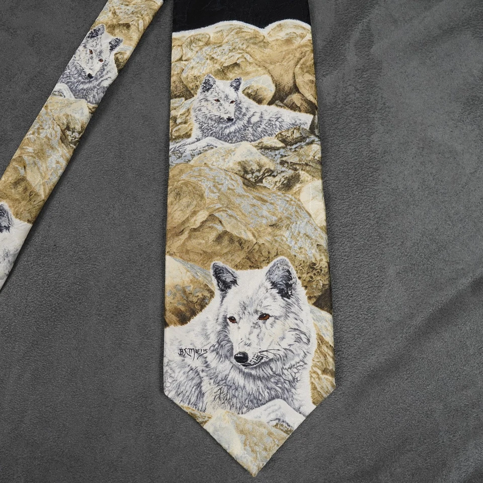 Corbata de especies en peligro de extinción para hombre escondite ártico lobo seda Bonnie Marris regalo de vida silvestre Foto 3 de 4