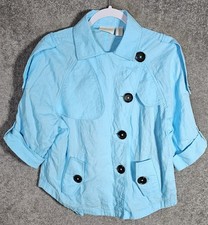 Chicos Linen Button Front Jacket Womens Size 2 US Sz 12 Blue Coastal Vacation
