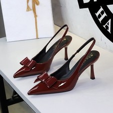 Women Bowknot Pointed Patent Leather High-Heeled Sandals Slingbacks Stilettos