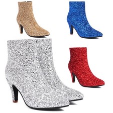 Womens Glitter Party Bootie High Heel Zipper Dress Ankle Boots Pointed Toe Shoes