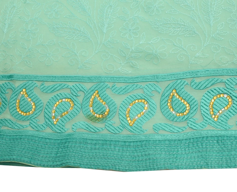 Sari Sushila Vintage Verde Agua PESADO Bordado Puro Georgette Tela Sari Foto 4 de 4