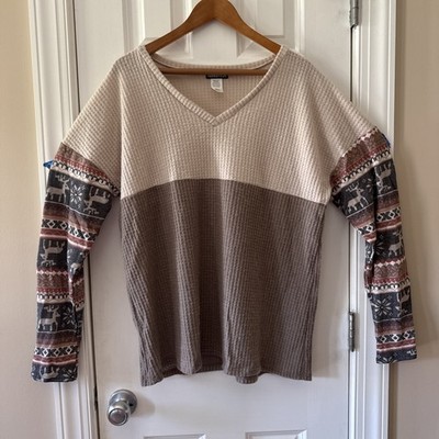 Heimish USA Elk Fair Isle Color Block Waffle Knit Pullover Elk 1X EUC