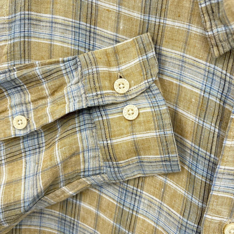 Orvis Shirt Mens Large Tan Blue Plaid 100% Linen Button Up Long Sleeve Casual - Image 3 of 4