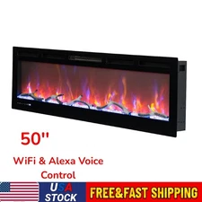 50'' Electric Fireplace Alexa In Wall Mounted & Recessed Heater WiFi & Voice US 