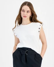 Bar Iii Petite Crewneck Grommet-Trim-Sleeve Top - White - PM