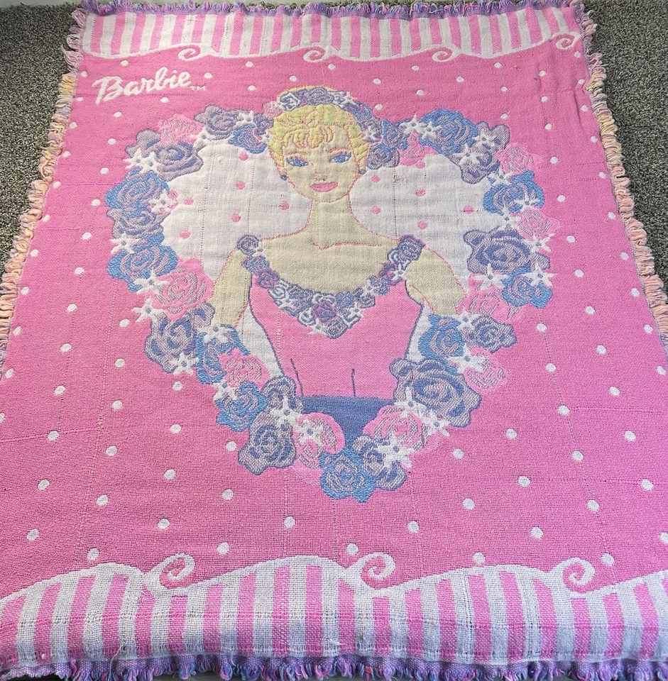 Manta tejida vintage Barbie tapiz rosa lunares raros noroeste LEER Foto 2 de 4