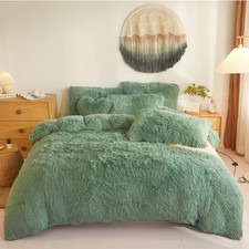 Shaggy Duvet Cover 5 Set, Fluffy Faux Fur Green Comforter Set Queen - Plush U...