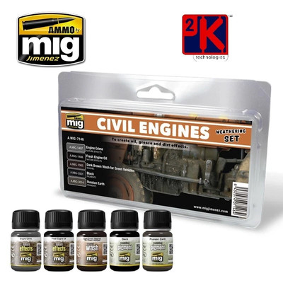 Ammo Mig 7146 - Zivil Motoren Öl, Fett & Schmutz Witterung Set 5 Farben