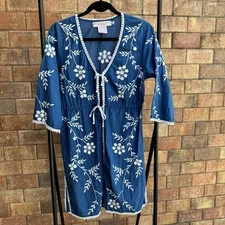 Gretchen Scott Designs Blue Cover-Up/Dress/Tunic With White Tassel Trim M