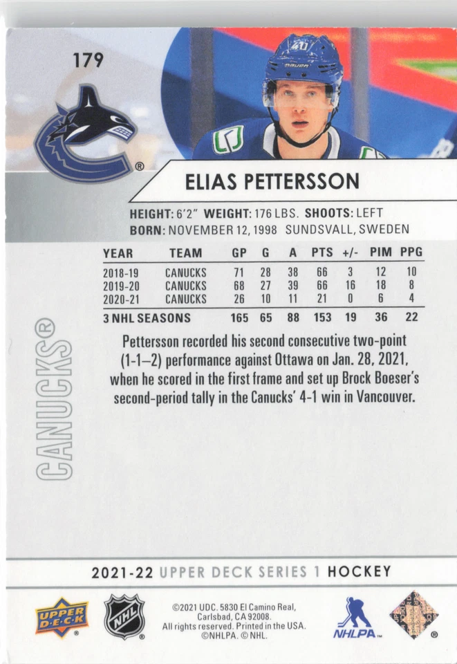 2021-22 Upper Deck #179 Elias Pettersson - Image 2 of 2