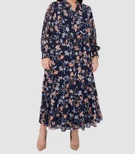 MSK Women's Blue Chiffon Floral Ruffled Self-Tie Split-Neck Dress Plus Size 2X