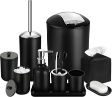 Black Bathroom Accessories Set, 10Pcs Bathroom Accessory Set with Trash Can, Soa