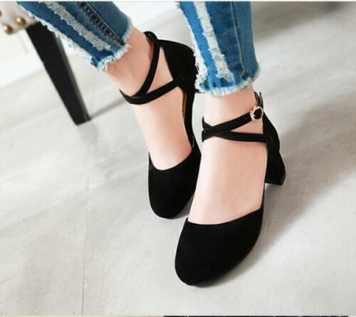 Womens Ladies Closed Toe Ankle Strap Sandals Low Mid Block Heel Court Shoes - Picture 15 of 18