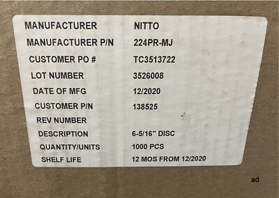 Nitto Tape 224PR-MJ, 2 Rolls of 500 6-5/16'' Discs; Date of Mfg. = 12/2020
